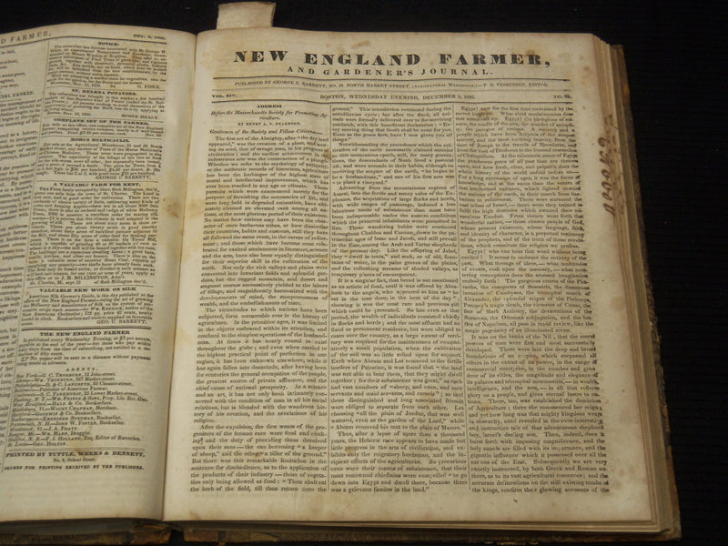 1835-1836 THE NEW ENGLAND FARMER & GARDENER'S JOURNAL BOUND VOLUME - KD 944K