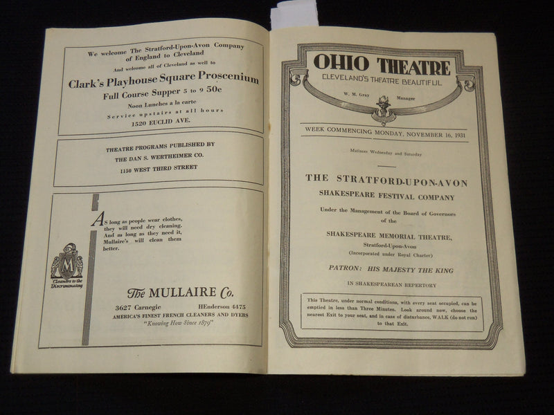 1931 OHIO THEATRE PROGRAM - SHAKESPEARE - J 8012