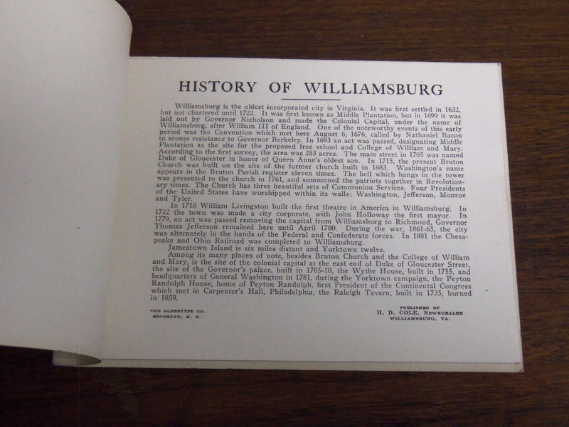 1930'S HISTORICAL WILLIAMSBURG AND JAMESTOWN VIEW BOOK - 17 VIEWS - K 1099