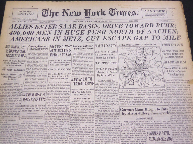 1944 NOV 19 NEW YORK TIMES - ALLIES ENTER SAAR BASIN, DRIVE TO RUHR - NT 4312