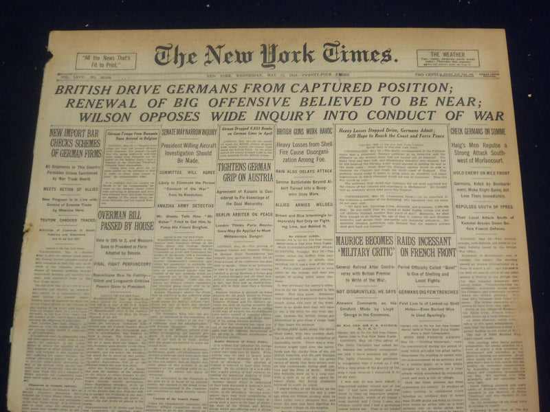 1918 MAY 15 NEW YORK TIMES - BRITISH DRIVE GERMANS FROM POSITION - NT 8181
