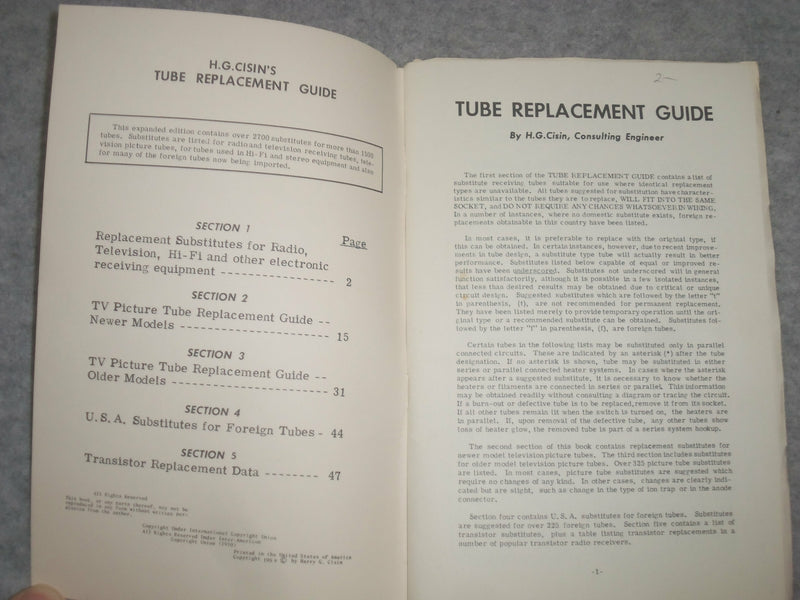 1959 TUBE REPLACEMENT GUIDE - H.G. CISIN - J 6340