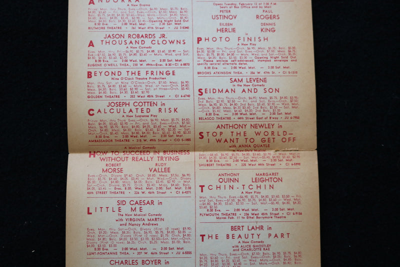 1963 EMERGENCY BROADWAY THEATERE DIRECTORY LISTING - K 2230