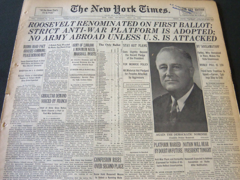 1940 JULY 18 NEW YORK TIMES - ROOSEVELT RENOMINATED ON FIRST BALLOT - NT 5912