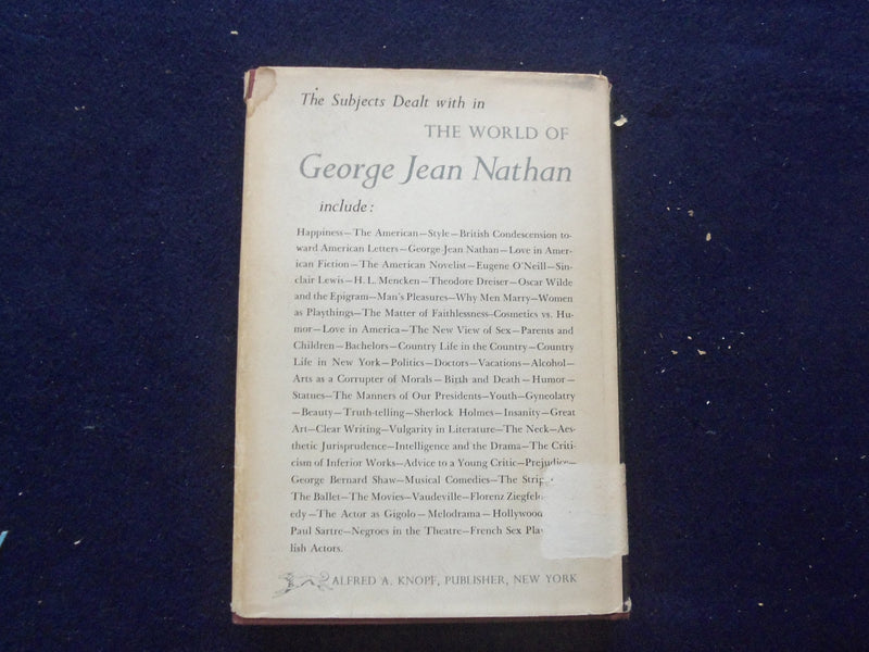 1952 THE WORLD OF GEORGE JEAN NATHAN HARDCOVER BOOK BY CHARLES ANGOFF - KD 8397
