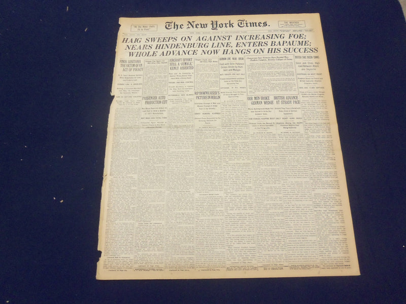 1918 AUGUST 26 NEW YORK TIMES - HAIG NEARS HINDENBURG LINE - NT 9200