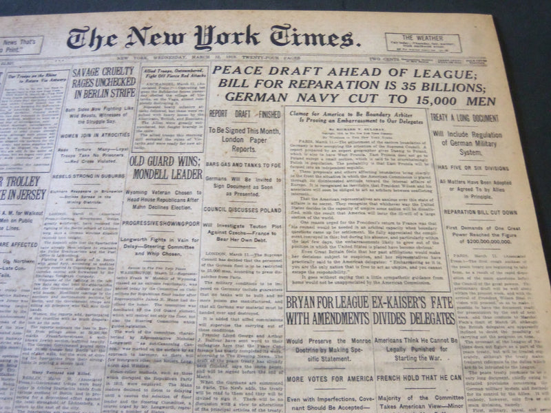 1919 MARCH 12 NEW YORK TIMES - PEACE DRAFT AHEAD OF LEAGUE - NT 6210