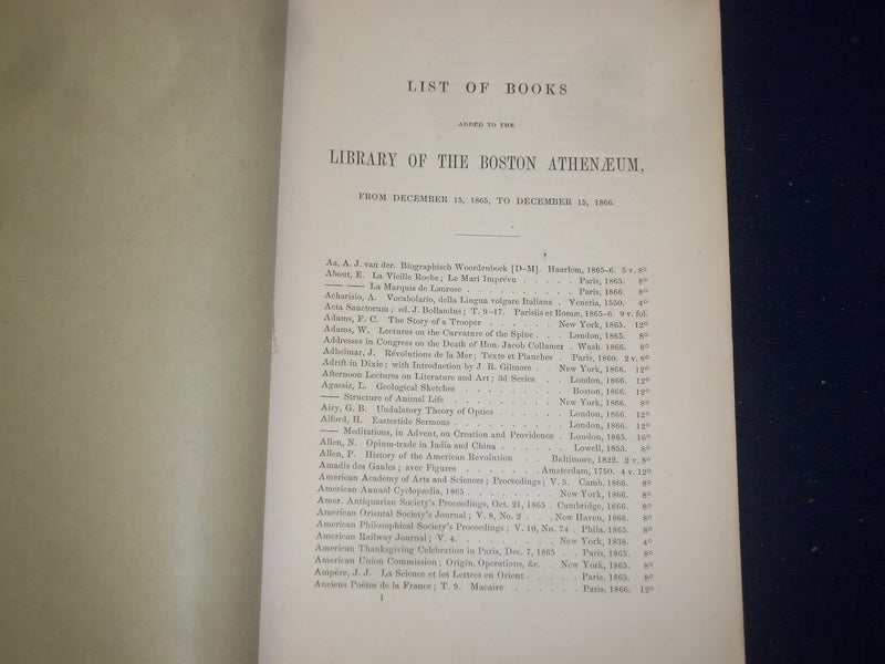 1866 LIST OF BOOKS ADDED TO THE LIBRARY OF THE BOSTON ATHENAEUM - J 4467