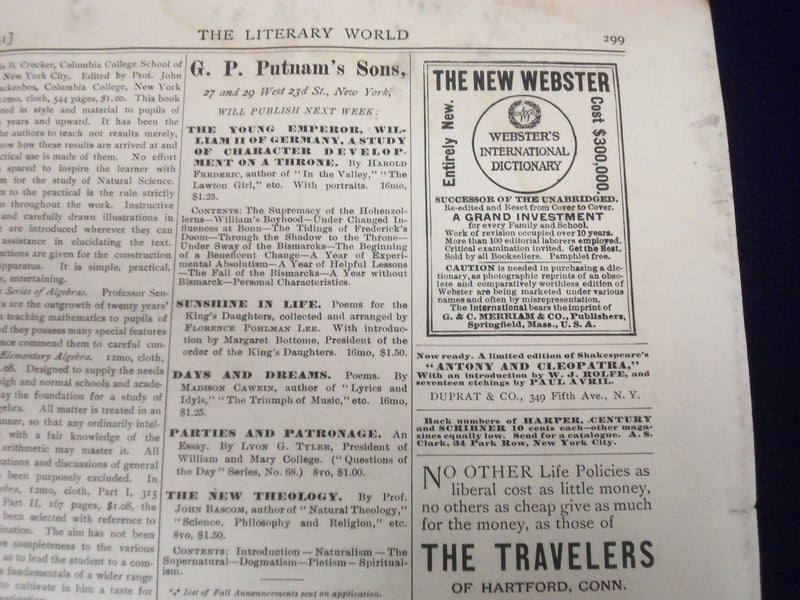 1891 THE LITERARY WORLD MAGAZINE LOT OF 6 ISSUES - NICE ARTICLES - O 2618