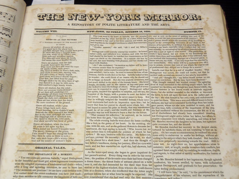 1830-1831 NEW YORK MIRROR AND LADIES GAZETTE BOUND VOLUME NO. 8 - KD 4675I