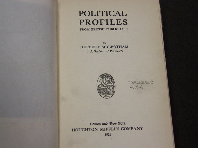 1921 POLITICAL PROFILES FROM BRITISH PUBLIC LIFE BY HERBERT SIDEBOTHAM - KD 1133