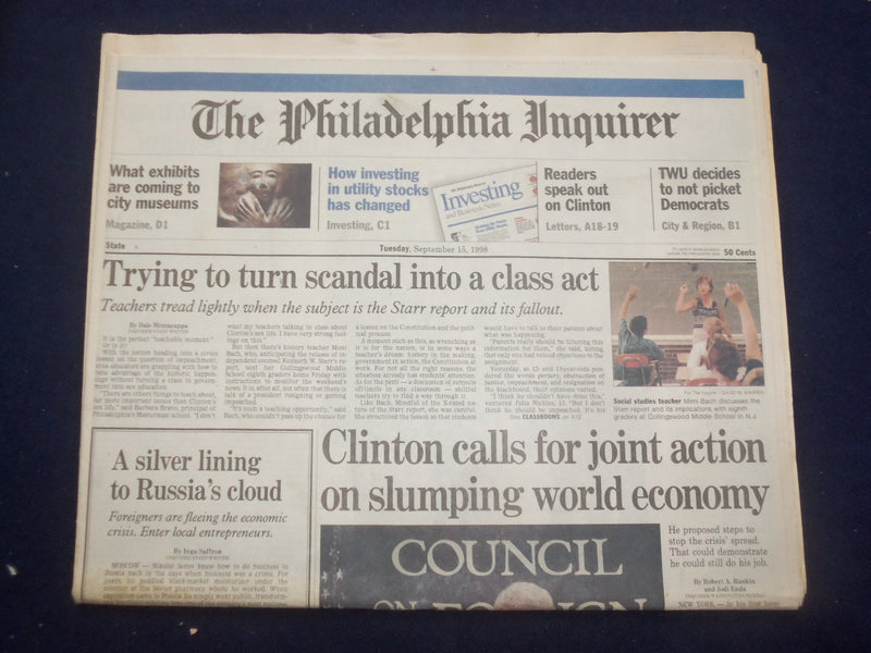 1998 SEP 15 PHILADELPHIA INQUIRER - CLINTON ON SLUMPING WORLD ECONOMY - NP 7179
