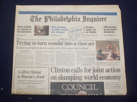 1998 SEP 15 PHILADELPHIA INQUIRER - CLINTON ON SLUMPING WORLD ECONOMY - NP 7179