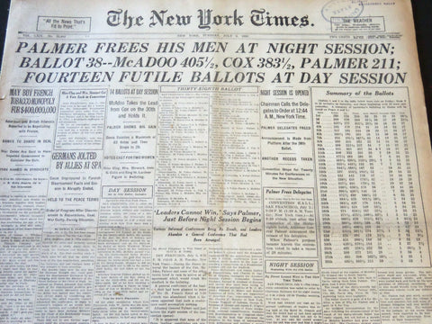1920 JULY 6 NEW YORK TIMES - BALLOT 38 MCADOO 405 1/2 COX 383 1/2 - NT 6481
