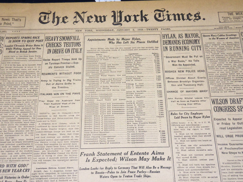 1918 JANUARY 2 NEW YORK TIMES - APPOINTMENTS BY MAYOR HYLAN - NT 7911