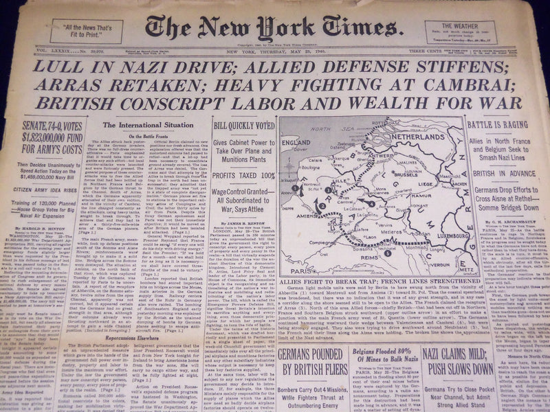 1940 MAY 21 NEW YORK TIMES - NAZIS TO CUT OFF BRITISH IN BELGIUM - NT 2734
