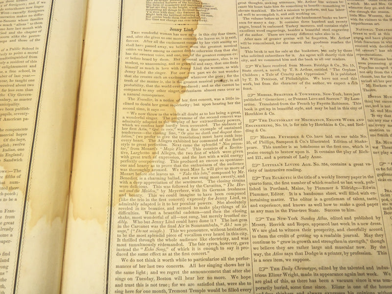 1850 OCTOBER 12 BOSTON MUSEUM NEWSPAPER - JENNY LIND - ANN SNELLING - NP 9050