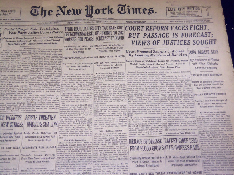 1937 FEBRUARY 7 NEW YORK TIMES - COURT REFORM FACES FIGHT - ELIHU - NT 3103