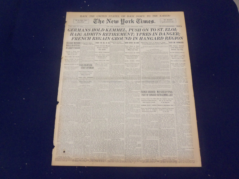1918 APRIL 27 NEW YORK TIMES - GERMANS HOLD KEMMEL PUSH TO ST. ELOI - NT 8215