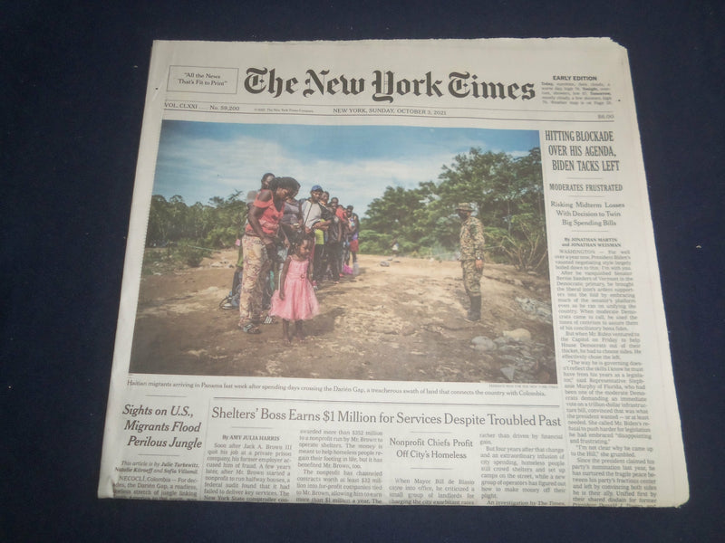 2021 OCT 3 NEW YORK TIMES - HITTING BLOCKADE OVER HIS AGENDA, BIDEN TACKS LEFT
