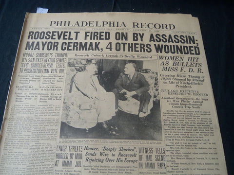 1933 FEB 16 PHILADELPHIA RECORD NEWSPAPER-ROOSEVELT FIRED ON BY ZANGARA- NT 7261