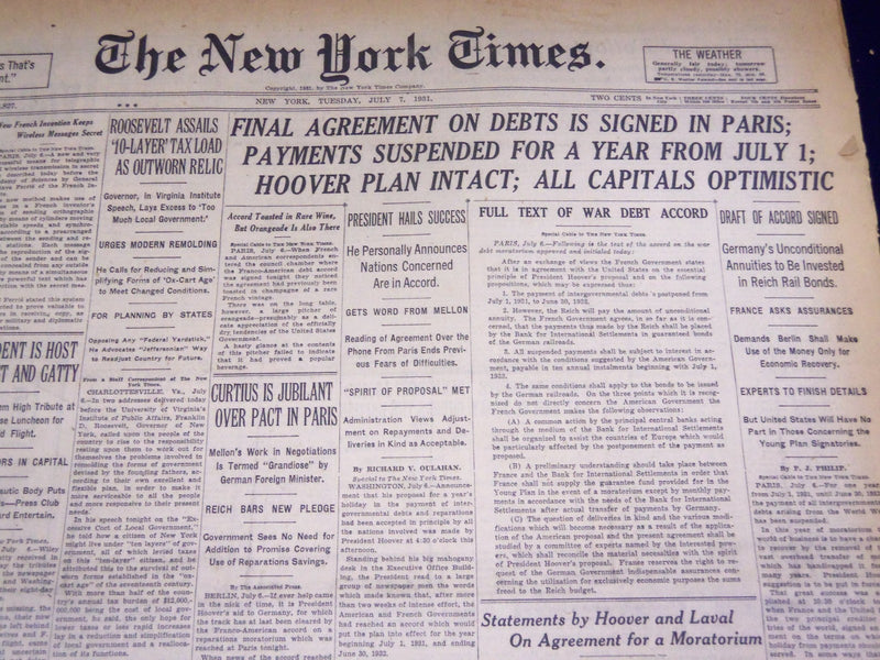 1931 JULY 7 NEW YORK TIMES - FINAL AGREEMENT ON DEBTS SIGNED IN PARIS - NT 2217