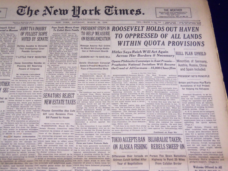 1938 MARCH 26 NEW YORK TIMES - ROOSEVELT HOLDS OUT HAVEN TO OPPRESSED - NT 2407