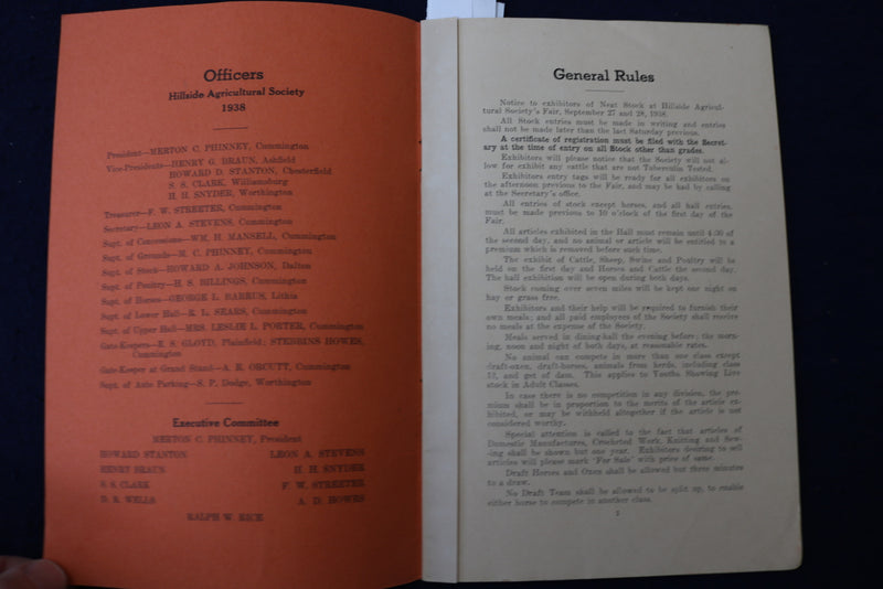1938 SEP 27-28 HILLSIDE AGRICULTURAL SOCIETY PREMIUM LIST SOFTCOVER BOOK- K 1371