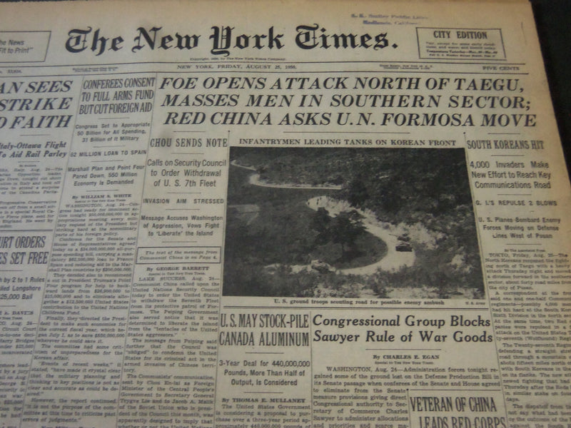1950 AUGUST 25 NEW YORK TIMES - FOE OPENS ATTACK NORTH OF TAEGU - NT 5852
