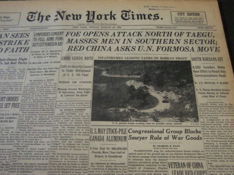 1950 AUGUST 25 NEW YORK TIMES - FOE OPENS ATTACK NORTH OF TAEGU - NT 5852