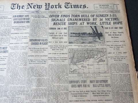 1925 SEPTEMBER 27 NEW YORK TIMES - DIVER FINDS TORN HULL OF SUNKEN S-51- NT 7200