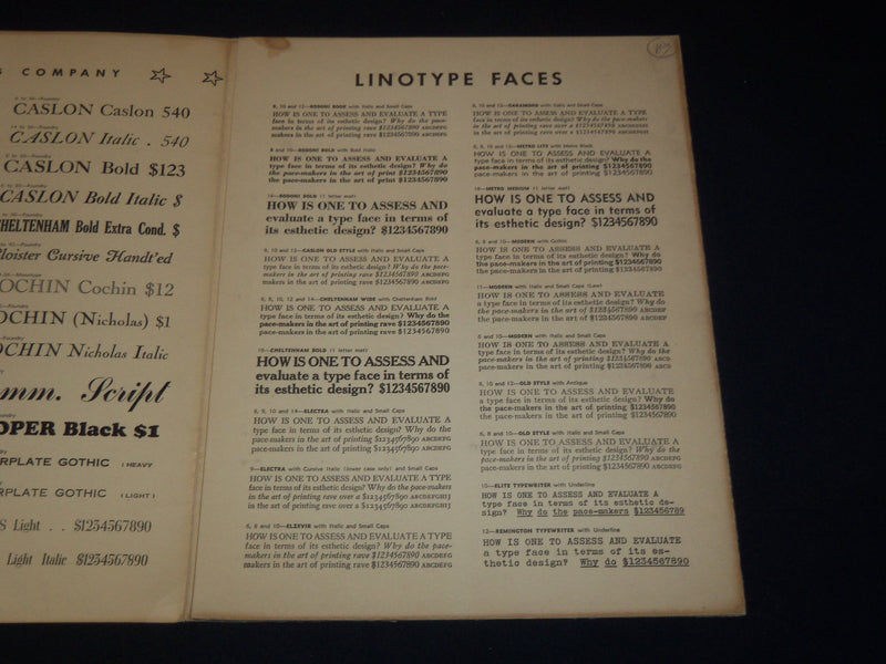 1940'S BAKER PRINTING COMPANY CATALOG- TYPE FACES - NEWARK NEW JERSEY - K 2091