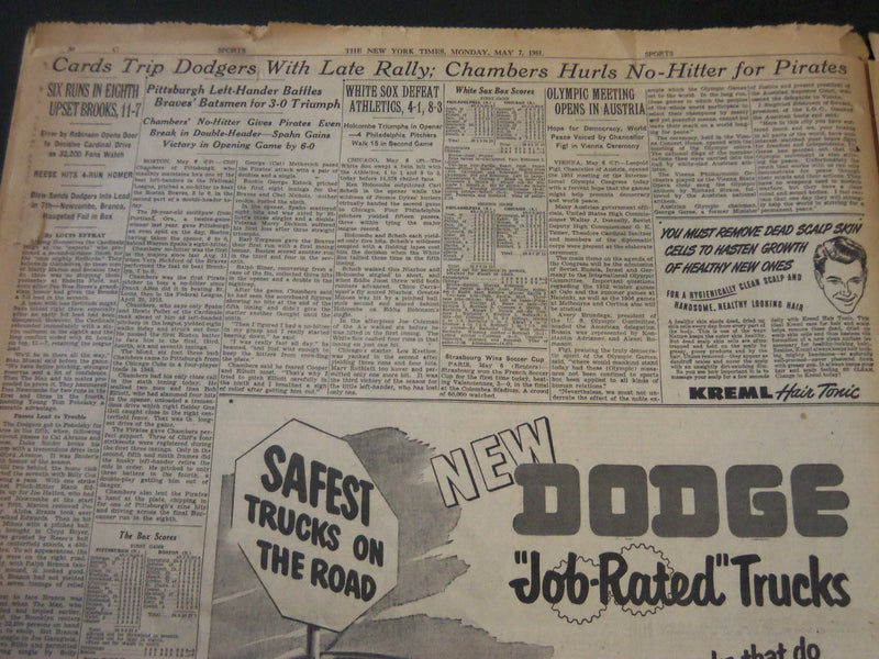 1951 MAY 7 NEW YORK TIMES - CHAMBERS OF PIRATES HURLS NO-HIT GAME - NT 5841