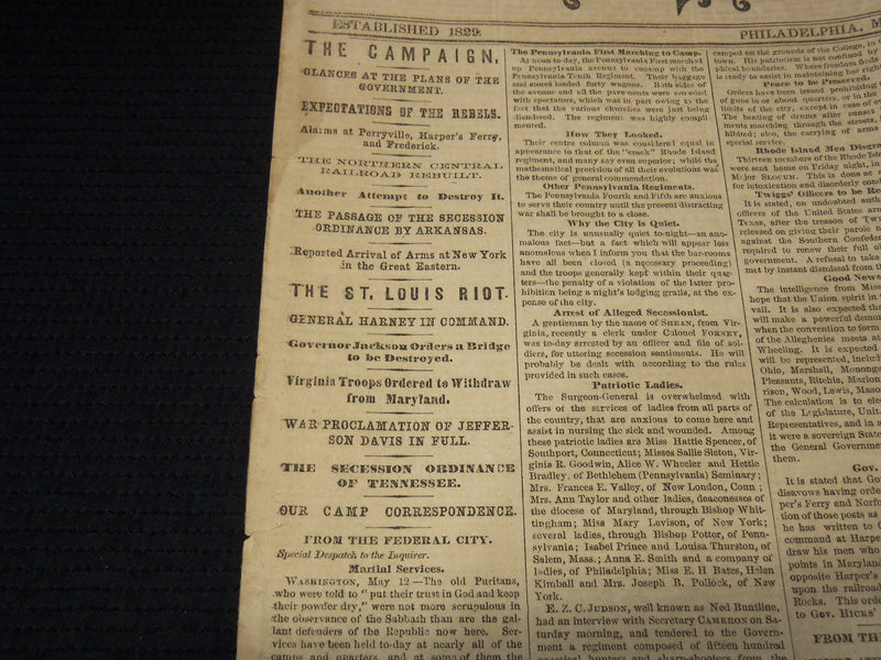1861 MAY 13 PHILADELPHIA INQUIRER NEWSPAPER - ST. LOUIS RIOT - NP 8997