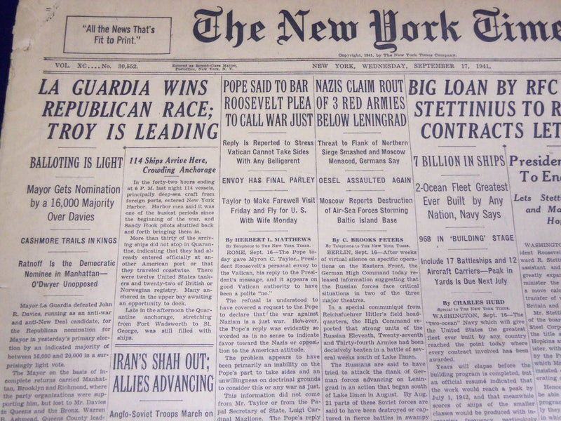 1941 SEPT 17 NEW YORK TIMES - LA GUARDIA WINS REPUBLICAN RACE - NT 1241