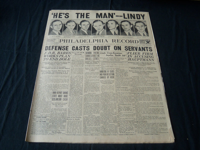 1935 JANUARY 5 PHILADELPHIA RECORD NEWSPAPER - HE'S THE MAN LINDY - NT 7252