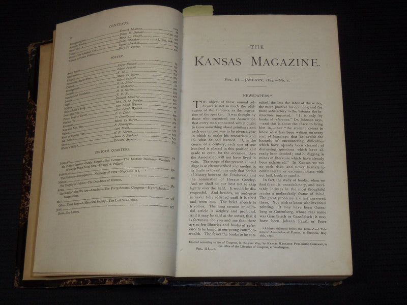1873 JANUARY-OCTOBER THE KANSAS MAGAZINE BOUND VOLUME NO. 3 - KD 5633I