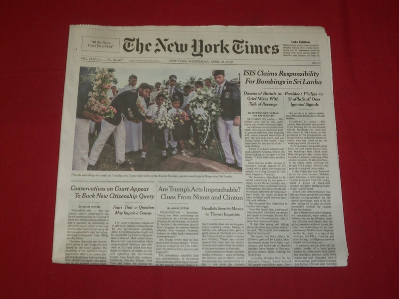 2019 APRIL 24 NEW YORK TIMES - ISIS CLAIMS RESPONSIBILITY FOR SRI LAND BOMBING