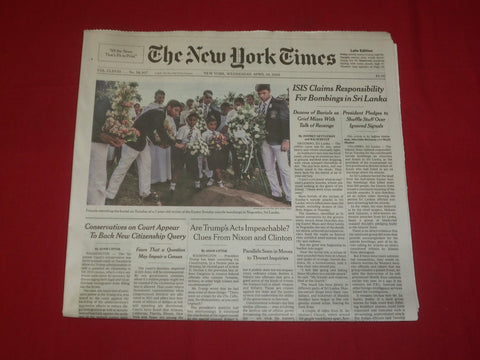 2019 APRIL 24 NEW YORK TIMES - ISIS CLAIMS RESPONSIBILITY FOR SRI LAND BOMBING