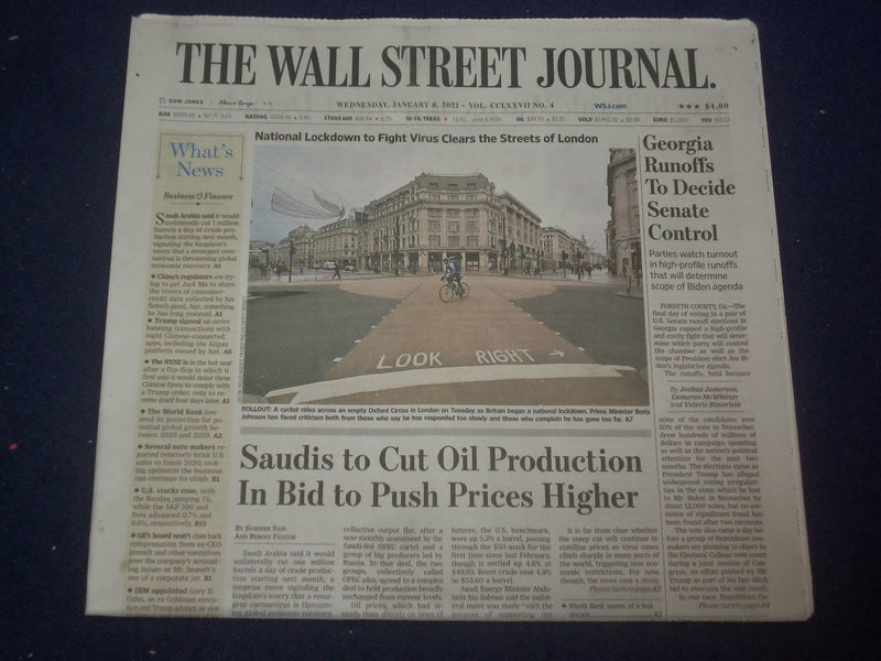 2021 JANUARY 6 THE WALL STREET JOURNAL -GEORGIA RUNOFFS TO DECIDE SENATE CONTROL