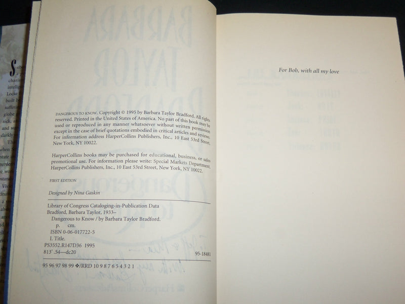 1995 DANGEROUS TO KNOW BOOK INSCRIBED BY BARBARA TAYLOR BRADFORD - KD 6827