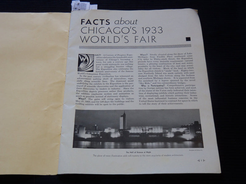 1933 CHICAGO'S CENTURY OF PROGRESS SOFTCOVER BOOK - GREAT PHOTOS - J 7294