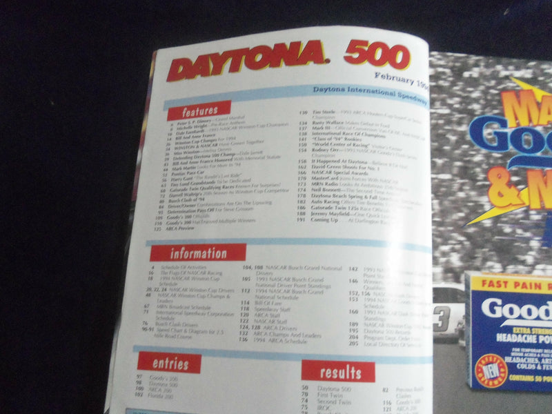 1994 FEB 20 36TH DAYTONA 500 RACING PROGRAM W/PATCH - GREAT PHOTOS - SP 3744G