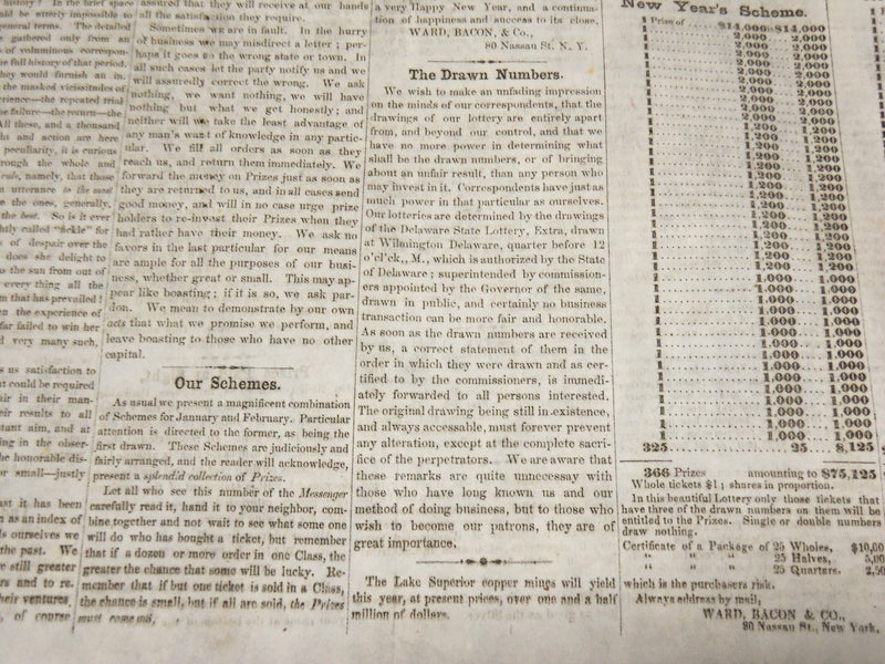 1856 JAN MONTHLY MESSENGER NEWSPAPER - SAMUEL MORSE - LOTTERY PRIZES - NP 3879R