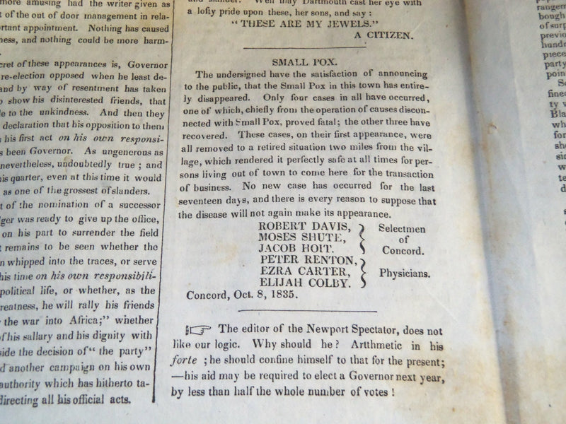 1835 OCT 10 NEW HAMPSHIRE STATESMAN - ADAMS - WEBSTER - SMALL POX - NP 614B