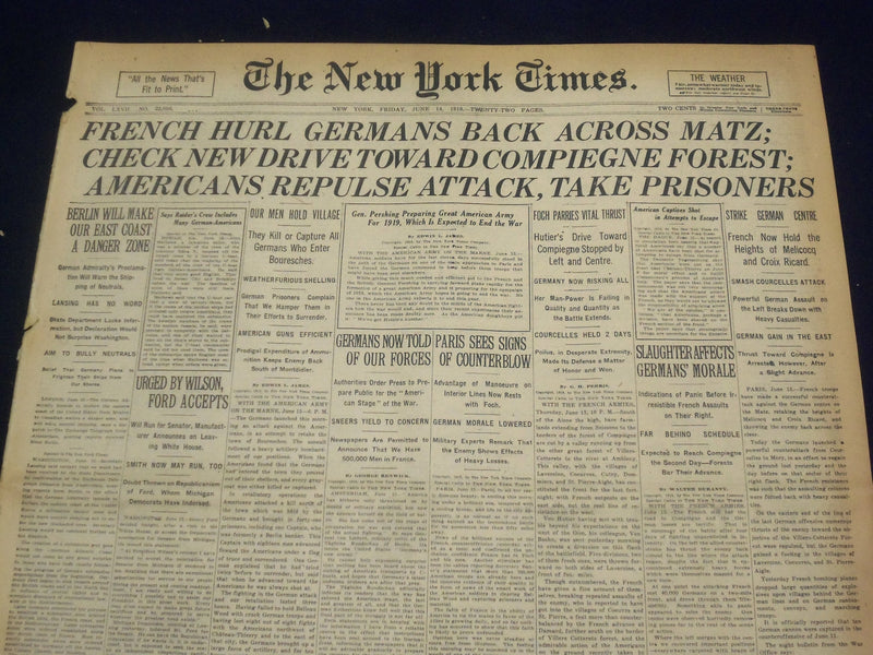 1918 JUNE 14 NEW YORK TIMES - FRENCH HURL GERMANS BACK ACROSS MATZ - NT 9086