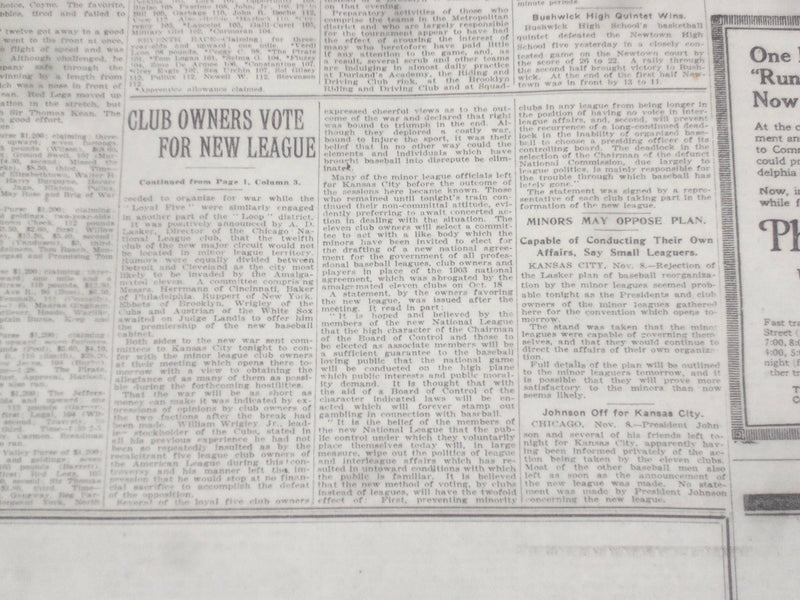 1920 NOVEMBER 9 NEW YORK TIMES - OWNERS FOR NEW LEAGUE AND BASEBALL WAR- NT 8449