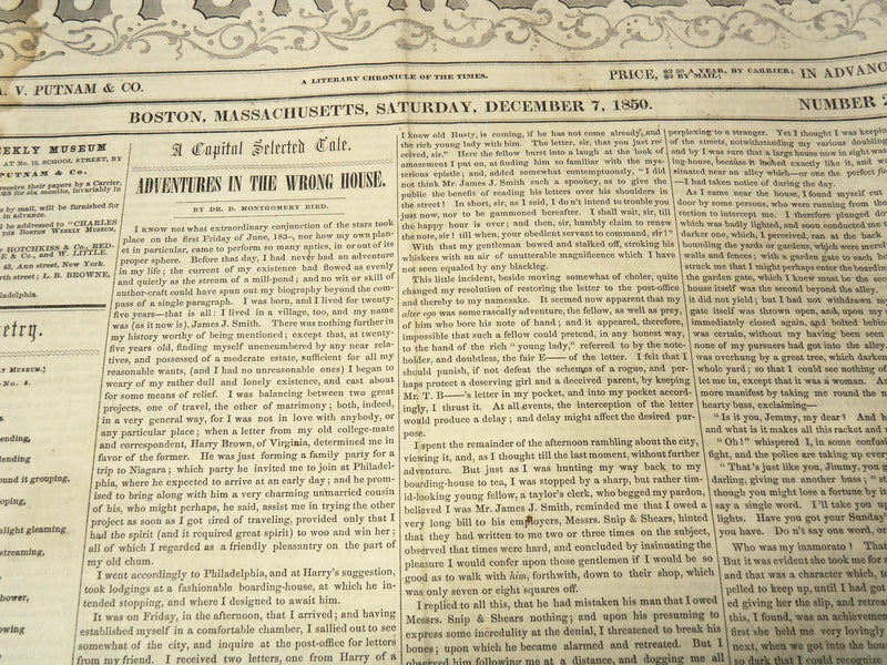 1850 DECEMBER 7 BOSTON MUSEUM NEWSPAPER - FORGED WILL - HELEN - BIRD - NP 9040