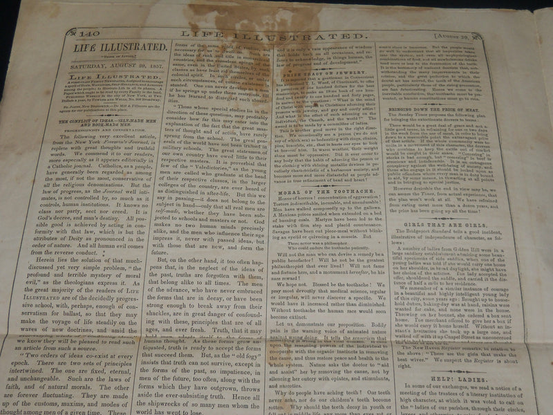 1857 AUGUST 29 LIFE ILLUSTRATED NEWSPAPER - PETER PARLEY'S STORIES - NP 4788