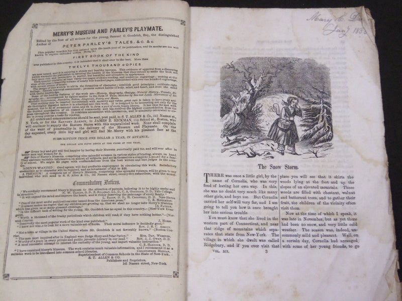 1850 MERRY'S MUSEUM AND PARLEY'S PLAYMATE MAGAZINE LOT OF 3 ISSUES - WR 893